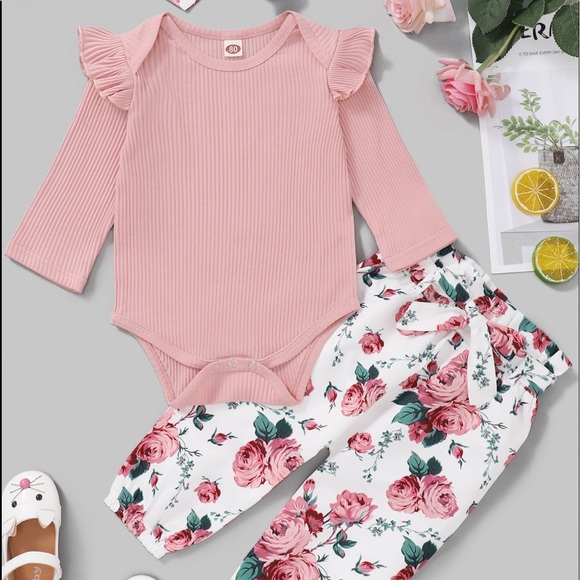NWOTBaby Girl Ruffle Bodysuit and Floral Pant Set. Size: 9-12 Months,Color: Pink - Picture 1 of 5